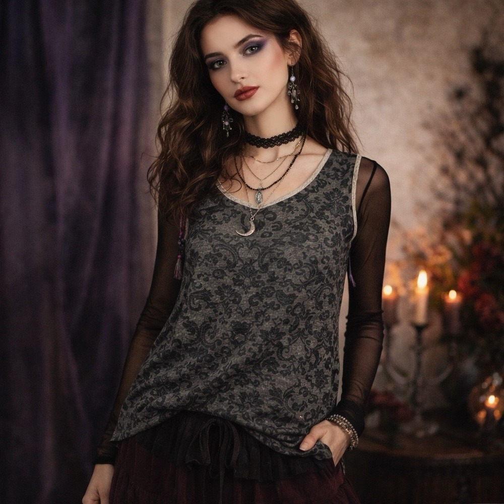 Vtg Top Embossed Blouse Whimsigoth Boho Fairy Classic Gothic Witchy‎ Tapestry S